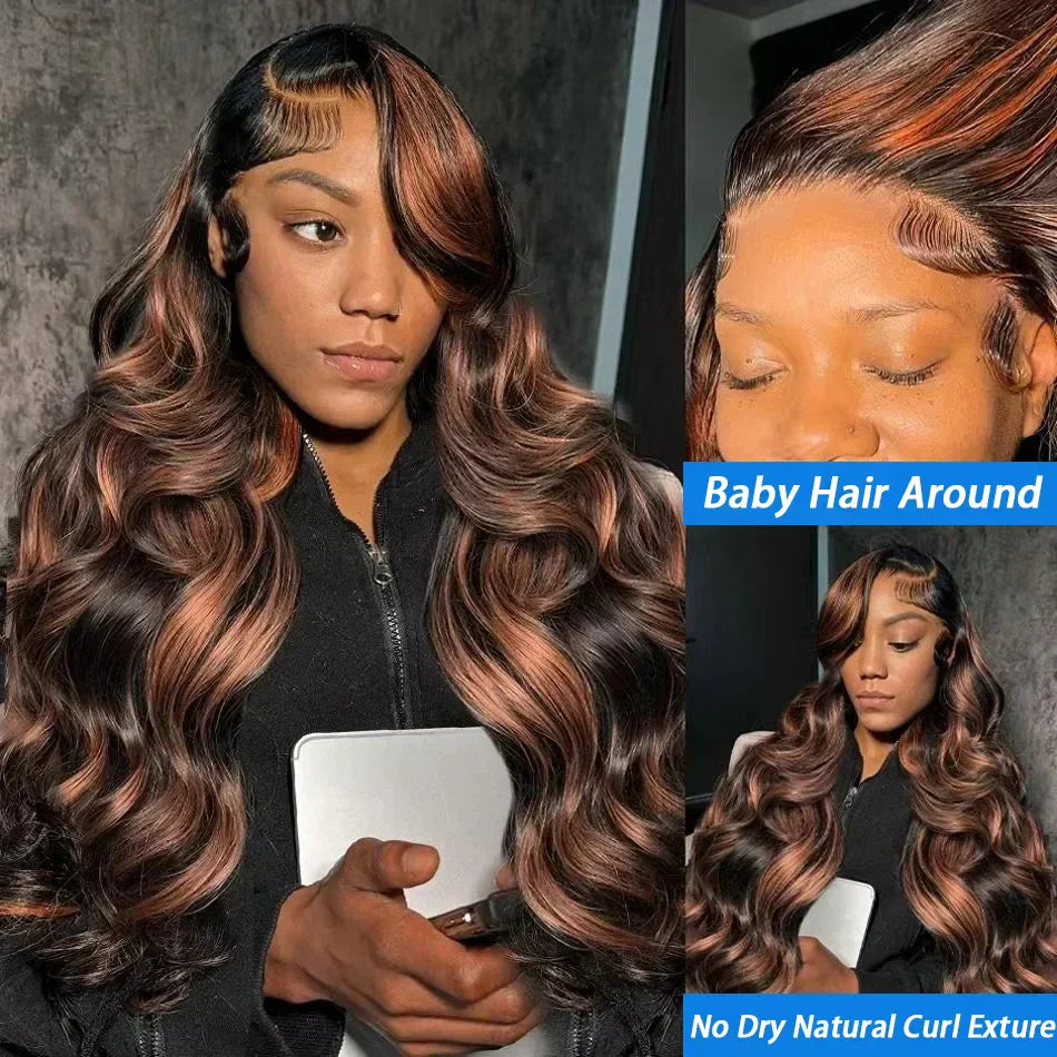 Ombre Highlight Body Wave 13x4 HD Lace Front Human Hair Wig Curly 1B/30 Black Brown Colored 13x6 Lace Frontal Wigs For Women